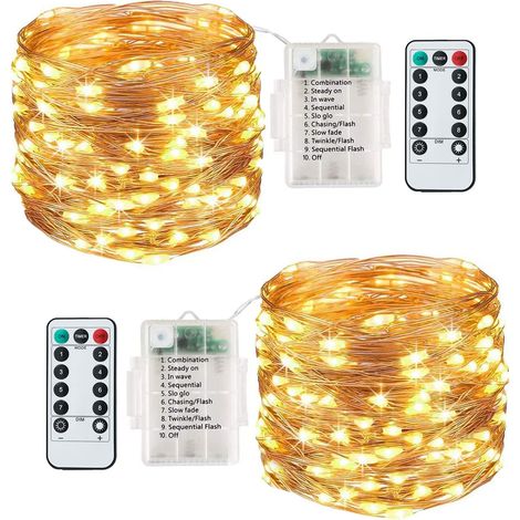 [Lot de 2] 120 LED Guirlande Lumineuse 12M 8 Modes Fil de Cuivre à Piles Étanche Intérieur Extérieur Guirlandes Lumineuses avec Télécommande Minuterie pour Chambre Coucher Mariage Noël (Blanc Chaud) (1/5)