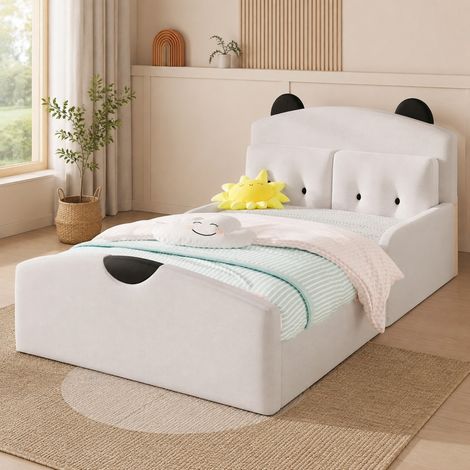 Cama plataforma 140x200 de lino, cabecero de oso acolchado, 2 cojines decorativos, blanco HAVRYA (1/5)
