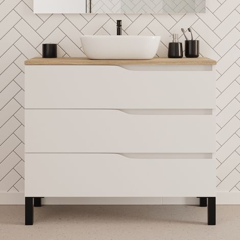 Meuble de salle de bain 100cm avec plateau miel et vasque à poser zeus - 3 tiroirs - sans miroir - blanc - MATA (1/4)