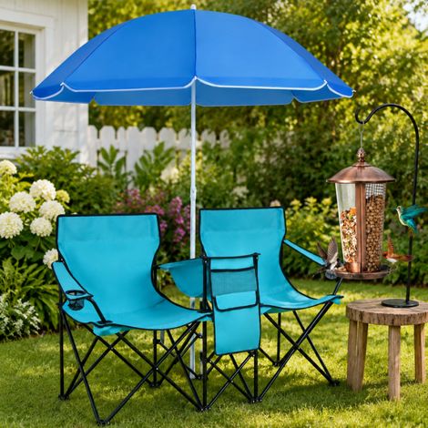 Set da giardino per l'alimentazione degli uccelli (2 pezzi) – Mangiatoia sospesa 2 in 1 e sedia da campeggio doppia color turchese (1/5)