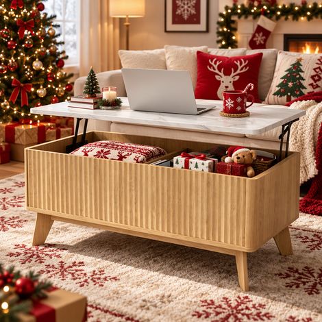 Table basse relevable – plateau marbre –  rangement XXL –  design scandinave – bois (1/5)