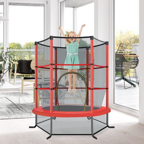 Trampoline enfant rouge Ø140 cm en acier avec filet de sécurité et tapis élastique, charge 135 kg pour jardin et intérieur (1/5)