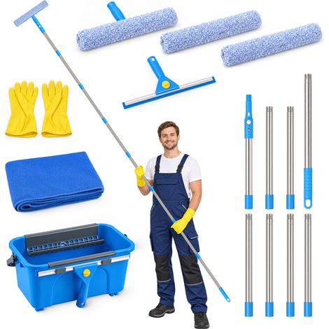 Kit Nettoyage Vitre, 3,1m Lave Vitre Telescopique Inclure Seau 12L, Nettoyage Professionnel des Fenêtres avec Raclette Silicone, Brosse Microfibre et Support pour Usage Domestique et Commercial (1/5)