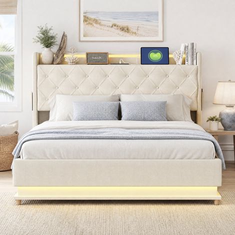 Cama adulta 140x200 cm LED USB con almacenaje, beige, madera y metal, sin colchón FloraGrace (1/5)
