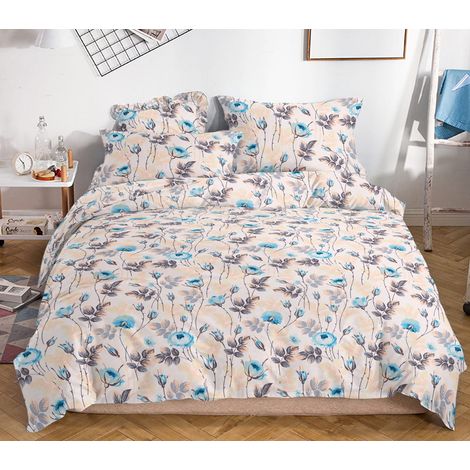 Satinbettwäsche 160x200 beige-blaue Pfingstrosenzweige Blätter (1/2)