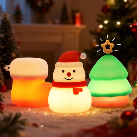 Veilleuse de Noël, 3 Pack Silicone Veilleuses Multicolores pour Enfants, Variable Motif Bonhomme de Neige, Botte, Décoration de Sapin de Noël, RechargeableLampe Chevet pour Enfants et Adultes (1/5)