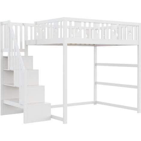 Cama alta infantil 140 x 200 con escalera, madera, barandilla de seguridad, blanca (1/5)
