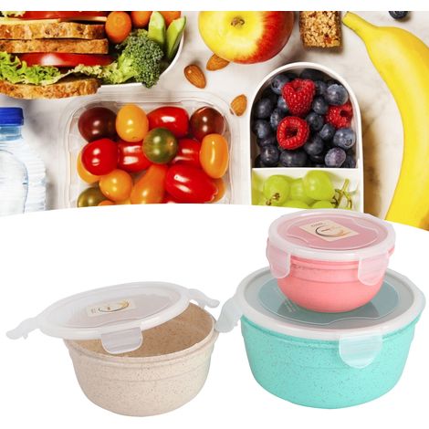 Boîte bento en paille de blé, boîte de conservation pour fruits et légumes, boîte de rangement hermétique ronde trois pièces, ensemble de boîtes à lunch pour étudiants (1/5)