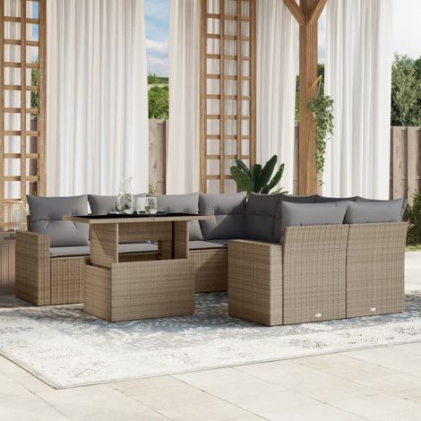 Salon de jardin 9 pièces en résine tressée beige avec table relevable et coussins, 80.9kg - PANGIVO (1/5)