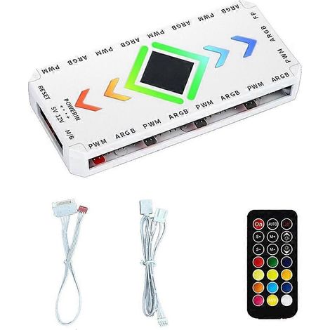 9 ports PWM et 9 ports ARGB, contrôleur ARGB 5 V 3 broches, port PWM 4 broches, télécommande sans fil, éclairage synchronisé, hub pour ventilateurs, base magnétique. (1/5)