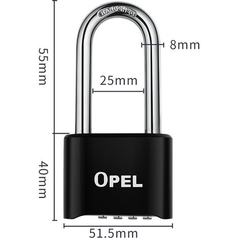 Cadenas Code 4 Chiffres, 52mm Cadenas Extérieur Etanche, Robuste et Antivol, 8mm Loquet Cadenas à CombinaisonNoir, faisceau long-50mm (1/4)