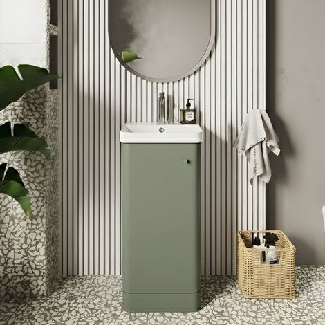 Nuie Core Floor Standing 1-Door Vanity Unit with Thin Edge Basin 400mm Wide - Satin Green