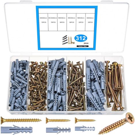 312-teiliges Schrauben- und Dübelset, selbstbohrend für Trockenbauwände, Gipskartonplatten - M3,5/M4/M5/M6/M8 (Grau) (1/5)