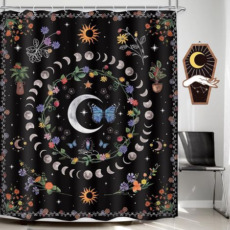 Rideau De Douche - Polyester Imperméable 60 X 71 Pouces - Motif Lune Phase Abstraite Étoiles Soleil Papillon - Avec 12 Crochets (1/4)