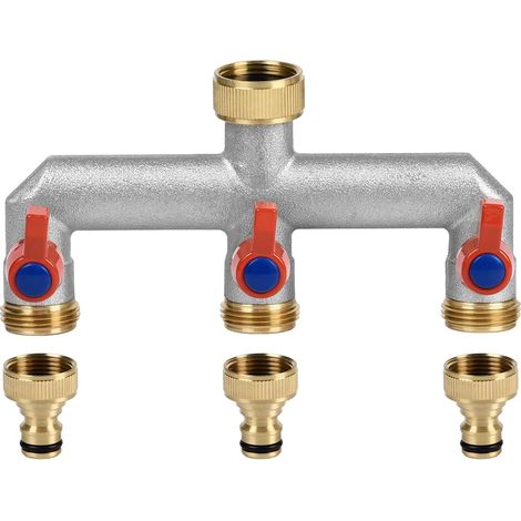 Répartiteur de robinet 3 voies en laiton de 1,9 cm avec 3 valves individuelles marche/arrêt et trois connecteurs rapides pour système d'arrosage de robinet de cuisine de jardin (1/5)