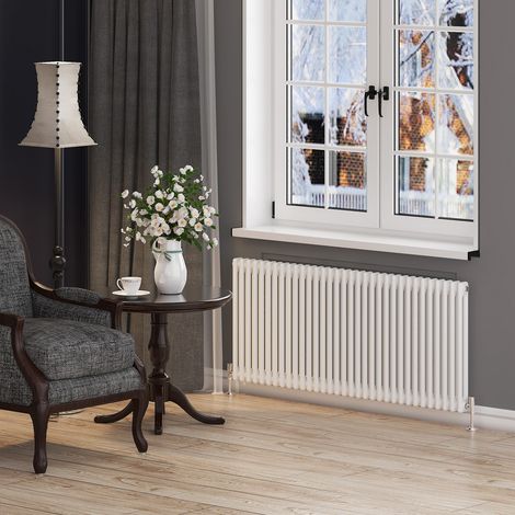 ELEGANT 600 x 1484 mm White Designer Radiator Horizontal Column Double Flat Panel Radiator Heater + Anthracite Thermostatic Radiator Valves (1/5)
