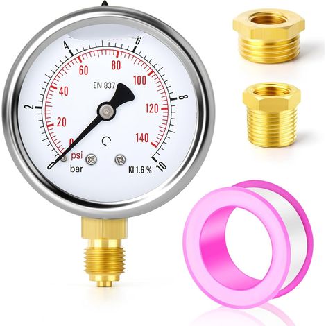 0-10 bar/0-145 PSI Manomètre en acier inoxydable BSP 2,5" avec cadran rempli de liquide, montage inférieur avec douilles hexagonales en laiton (1/5)