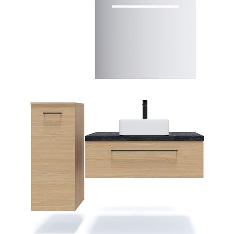 Meuble de salle de bain suspendu vasque à poser 90cm 1 tiroir Chêne clair + miroir + colonne ouverture gauche - Glasgow (1/5)