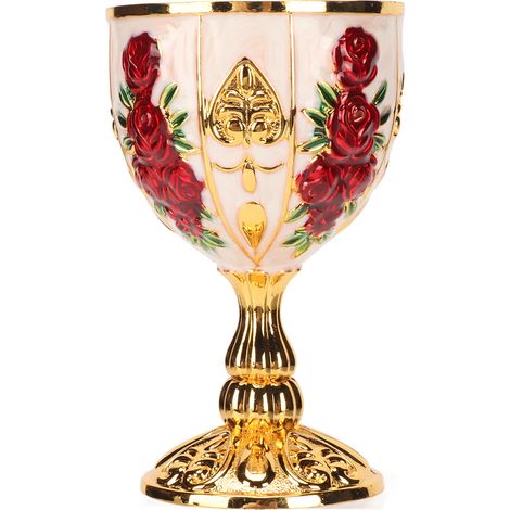 Gobelet doré de 10 cm de haut en alliage de zinc, motif floral rétro en relief, élégant, pour réceptions, banquets et bars, fond blanc et or avec fleurs rouges.