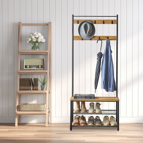 Portemanteau, 32 x 70 x 175 cm, Vestiaire avec Banc de Rangement pour Chaussures, Style Industriel, Marron et Noir (1/5)