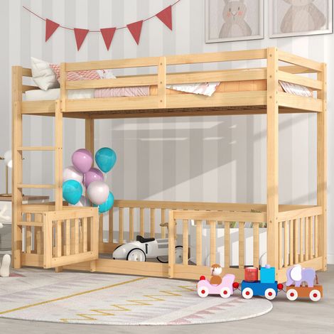 Litera 90×200 cm, Cama Individual con Escalera Recta, Barandillas y Puerta, sin Colchón, de Madera Maciza, Natural (1/5)