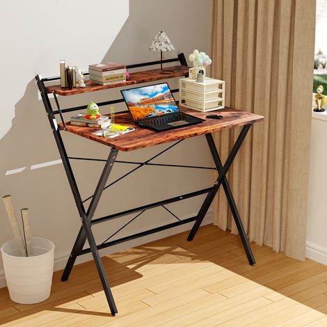 Petite table pliante,80x50x107cm,Bureau d'ordinateur pliable à 2 niveaux avec étagère (1/5)