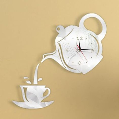 DIY Café Théière Horloge Murale,Café Wall Sticker Horloge,3D Acrylique Miroir Théière Wall Sticker Clock,40x40CM,pour la Maison,Hôtel,Bureau,Restaurant Home Decor Clock(Couleur Argent) (1/5)
