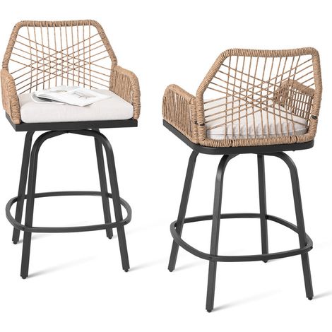 Avestar drehbare Garten-Barhocker 2er Set, hohe Gartenstühle, wetterfeste Barstuhl aus handgeflochtenem gedrehtem Rattan mit abnehmbaren Kissen, Beige (1/5)