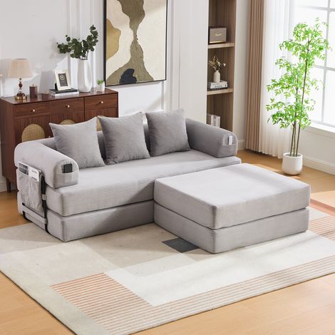 Divano modulare in velluto a coste grigio chiaro con pouf, tasca laterale e 3 cuscini, 200x190x67 cm