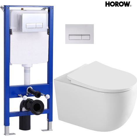 HOROW Spülrandlos Hänge WC Wand Toilette Komplettset -mit Softclose WC-Sitz + schallgedämmt Vorwandelement mit Drückerplatte