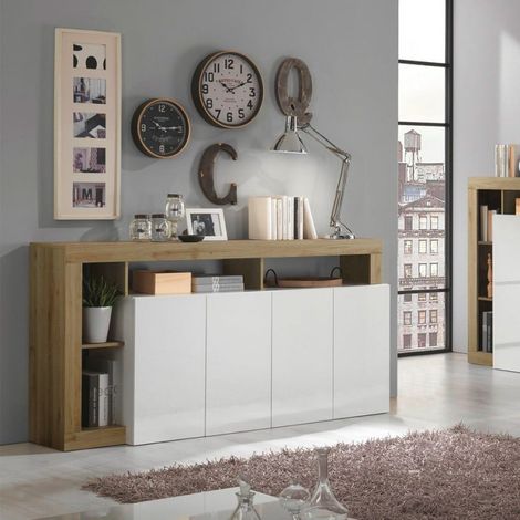Aparador salón alacena 184cm 4 puertas blanco brillante roble Cadiz BR (1/5)