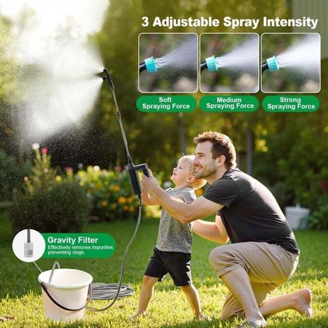 Spruzzatore elettrico con 3 velocità di spruzzo, potente spruzzatore da giardino da 7,4 V, 4 ugelli regolabili, spruzzatore a pressione con tubo flessibile da 8 m e asta telescopica da 60 cm. (1/4)
