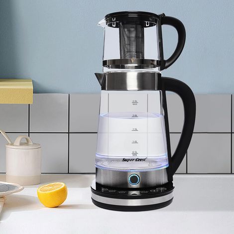 Théière électrique 2 en 1 2000 W avec réglage de la température - 2,5 l + 1 l - En acier inoxydable et verre - Protection contre la surchauffe - Arrêt automatique (1/5)
