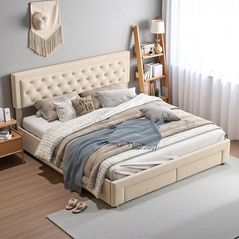 Lit coffre 180x200 cm avec rangement, Lit double rembourré avec 2 tiroirs, Cadre de lit 180x200 avec sommier à lattes, Velours, Beige (1/5)