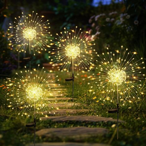 Lot de 4 Solaires Extérieur Jardin,120 LED Feux d'artifice Solaires,Étanche Lampe Solaire de Pissenlit pour Cour, Pelouse, Fête, Patio, Décoration de Mariage (blanc chaud) (1/4)