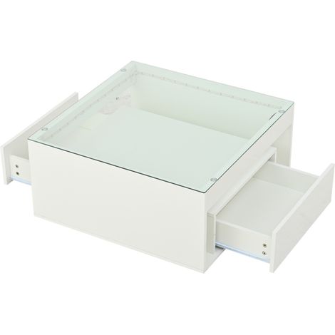 Table basse carrée en MDF blanc avec plateau en verre trempé 70x70x35 cm, 2 tiroirs laqués et éclairage LED contrôlable par application (1/5)