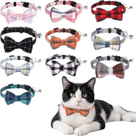 Lot de 10 colliers de chat à ouverture rapide nœud papillon et clochette amovibles (carreaux) (1/5)