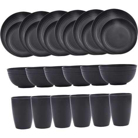 Service de table noir en paille de blé : 20 grandes assiettes, 25 petites, 6 bols, 6 verres à eau - lot vaisselle éco (1/4)