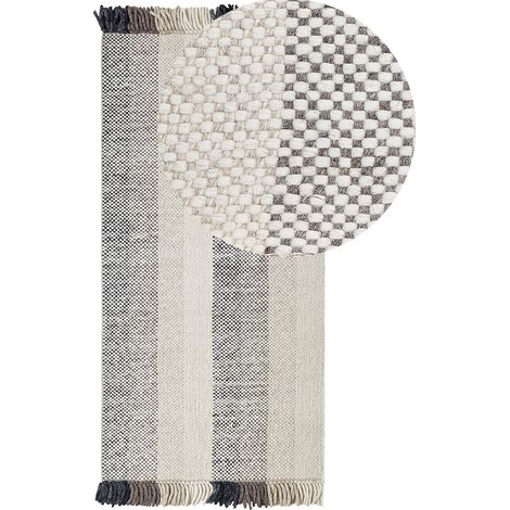 Tappeto in lana bianco sporco nero marrone 80 x 150 cm fatto a mano con nappe Emirler (1/5)