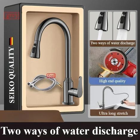 (Ensemble gris 2-G1/2) Robinet de cuisine en cuivre fin gris anthracite, robinet extractible pour évier de cuisine, robinet pivotant eau chaude/eau froide pour lavabo et lavabo (1/5)