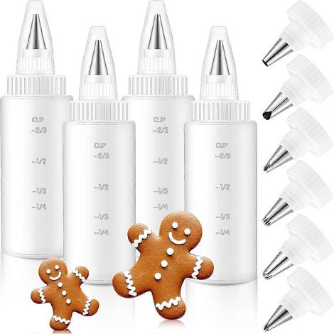Lot de 4 flacons souples en plastique avec 6 embouts différents pour la décoration de biscuits, de crêpes et de glaçages (118 ml) (1/5)