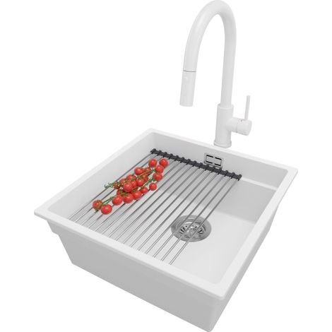 PRIMAGRAN Evier Sous Plan 46x47cm, Evier en Granit 1 bac + Robinet 40x20cm + Kit de Vidage + Égouttoir Enroulable, Évier au meuble 50cm - Prague, Blanc (1/5)