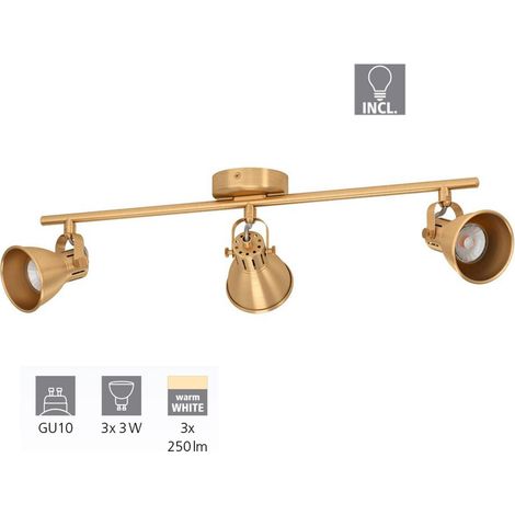 EGLO plafoniera LED Seras, plafoniera con 3 spot, barra orientabile, lampada da soggiorno in acciaio in ottone spazzolato e oro, illuminazione da soffitto con lampadina GU10, bianco caldo (1/5)