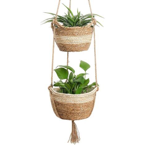QORVA-Panier de Jardinière Suspendud en Jonc de Mer, 2 Taille Pot de Fleurs Tissé Intérieur Extérieur - Pots de Fleurs Couvrir Le Panier de Rangement Conteneurs de Plantes (Beige) (1/5)