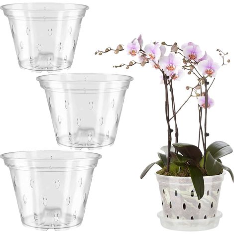 Macetas para orquídeas Phalaenopsis [3 macetas NYED125 + 3 macetas NYED150 + 3 macetas NYED170 con platillos] Juego de 9 piezas, plástico transparente que sella las raíces. (1/4)