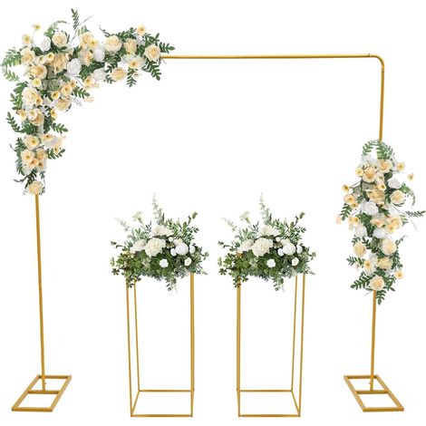 WANLECY Arche de mariage métallique dorée de 2 × 2 mètres, équipée de deux supports floraux de 80 cm de haut, idéale comme toile de fond pour les mariages, les fêtes et autres événements (1/5)
