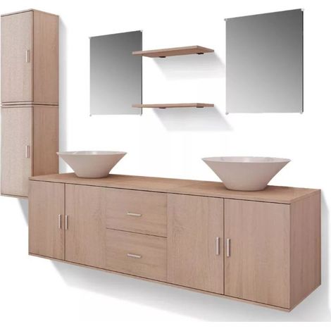 Meuble de salle de bain 17 pièces bois laqué beige Val (1/5)