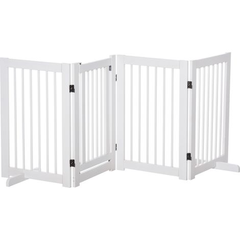 Barrière blanche pliante en bois pour chiens, escaliers et portes avec support 204x36x75 cm, accessoire sécurité design sobre pour maison pratique et modulable
