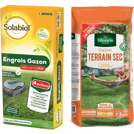 Lot d'un sac de Gazon pour terrain sec 5kgs et d'un sac engrais gazon 10kgs