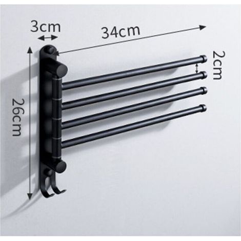 Porte-serviettes de salle de bain rotatif à quatre barres noir, rotation à 180°, en acier inoxydable 304, mural, convient aux lavabos de salle de bain/cuisine. (1/3)